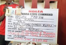 Man in a red shirt stands beside a white information board from NDLEA Warra State Command, showing detainee details (name Nasiru Mazu, age 33, male) and a drug seizure note.