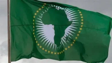 Green flag waving, featuring a white silhouette of Africa inside a ring of gold stars (African Union flag).