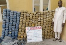 Man in light traditional clothing stands beside a large wall of stacked blue and tan bags outside a yellow building, with an inspection board in front labeled INDLEA Ogun State Command.