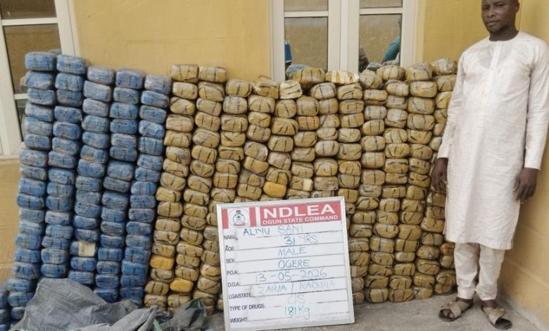 Man in light traditional clothing stands beside a large wall of stacked blue and tan bags outside a yellow building, with an inspection board in front labeled INDLEA Ogun State Command.
