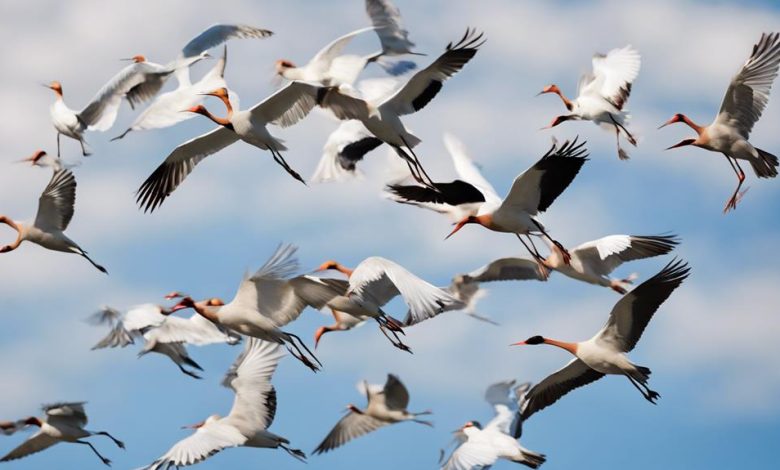 Flock of white birds with orange beaks flying across a bright blue sky.