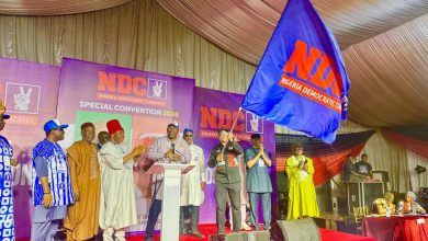 Politicians on a stage at an NDC special convention, with a large blue NDC flag waving in front of a purple backdrop that reads ‘NDC Special Convention 2026’
