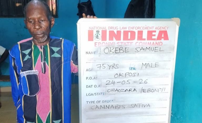 75-year-old Okebe - The Times of Abuja Older man in a colorful striped shirt standing next to a large NDLEA detainee board with handwritten details about a cannabis case.
