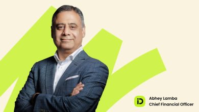 Portrait of Abhey Lamba in a blue checkered suit with arms crossed, labeled Chief Financial Officer (CFO). Background features bright lime geometric shapes.