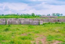 Wide view of unfinished concrete-block buildings in a green field under a cloudy sky, a rural construction site scene.