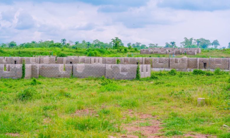 Abia renewed hope housing estate - The Times of Abuja Wide view of unfinished concrete-block buildings in a green field under a cloudy sky, a rural construction site scene.