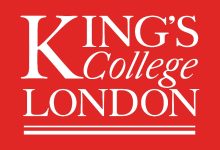 Kings College London logo in white serif typography on a red background with three white stripes underneath