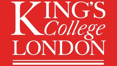 Kings College London logo in white serif typography on a red background with three white stripes underneath