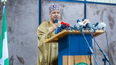 Male official in a beige traditional outfit speaks at a podium with many microphones during a press conference; Nigerian flag on the left.