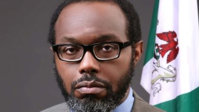 Portrait of a man with glasses and a trimmed beard wearing a brown suit and blue shirt, standing next to a Nigerian flag.