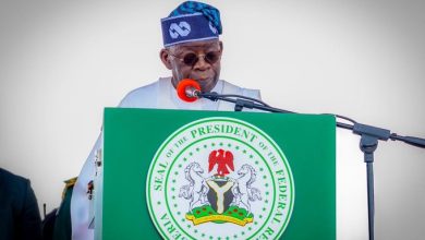 Man in traditional attire speaks at a podium adorned with the Seal of the President of Nigeria and a microphone in front of him.