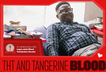 Man donating blood while reclining; red campaign poster features Lagos State Blood Transfusion Service logo and a bold 'Blood' headline.