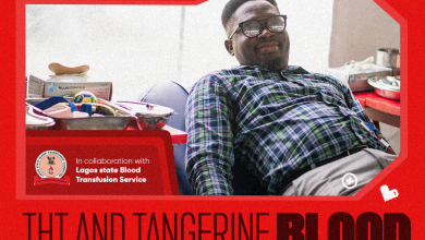 Man donating blood while reclining; red campaign poster features Lagos State Blood Transfusion Service logo and a bold 'Blood' headline.