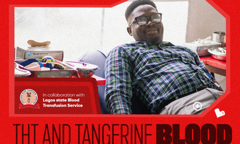 blood donor - The Times of Abuja Man donating blood while reclining; red campaign poster features Lagos State Blood Transfusion Service logo and a bold 'Blood' headline.