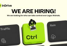InDrive hiring banner: bold 'WE ARE HIRING!' with lime-green Ctrl key and a person at a laptop among dark keyboard keys labeled Traffic, Rain; Lagos Wahala role advertised.