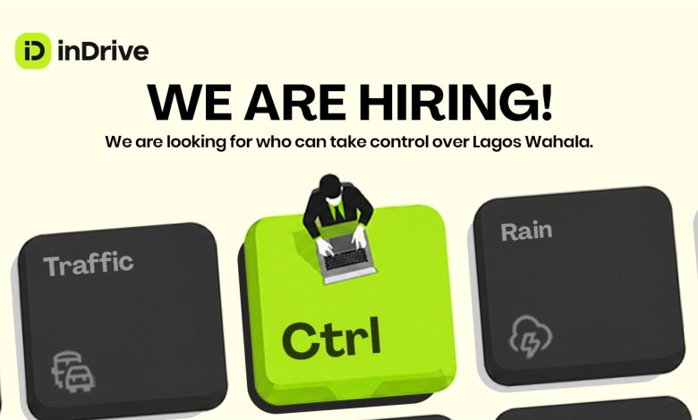 inDrice wahala officer - The Times of Abuja InDrive hiring banner: bold 'WE ARE HIRING!' with lime-green Ctrl key and a person at a laptop among dark keyboard keys labeled Traffic, Rain; Lagos Wahala role advertised.