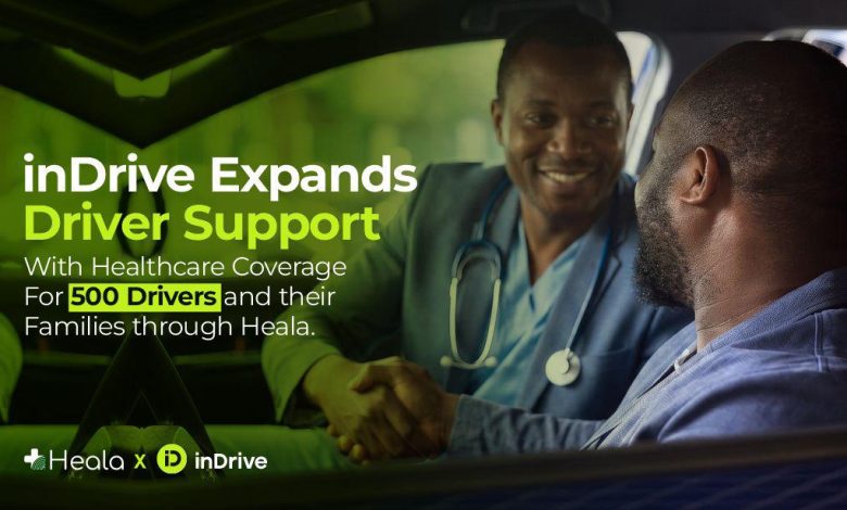 Handshake between a medical professional and a driver inside a car, promoting inDrive's driver support and healthcare coverage (partnership with Heala).