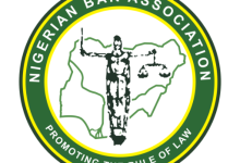 Nigerian Bar Association logo with a central justice figure over a map, surrounded by a green-yellow ring and motto 'Promoting the Rule of Law'.
