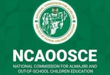 Green background with a round white seal at the top and bold 'NCAOOSCE' text for the National Commission for Almajiri and Out-of-School Children Education.