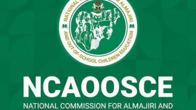 National Commission for Almajiri and Out-of-School Childrens Education 1 - The Times of Abuja Green background with a round white seal at the top and bold 'NCAOOSCE' text for the National Commission for Almajiri and Out-of-School Children Education.