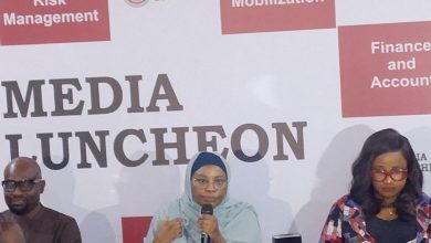UBEC launcheon - The Times of Abuja Woman in a light blue hijab speaks into a microphone at a media luncheon panel, with a 'Media Luncheon' backdrop.
