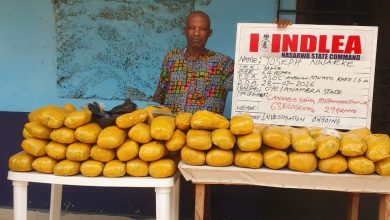 Drug suspect - The Times of Abuja Older man stands behind two tables piled with yellow bags, holding a white sign with red text.