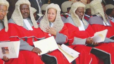 Group of judges wearing red robes and white wigs seated with documents at a formal ceremony.